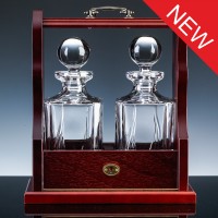 Inverness Crystal Flame Pair Panelled Decanters and Wood Tantalus